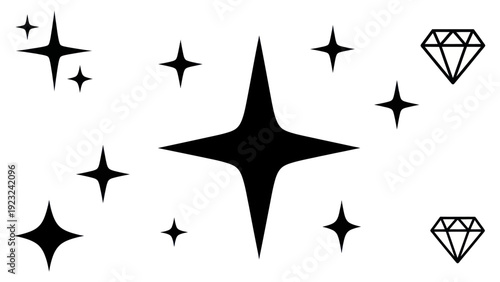 Sparkling Stars and Diamonds Black and White Illustration.