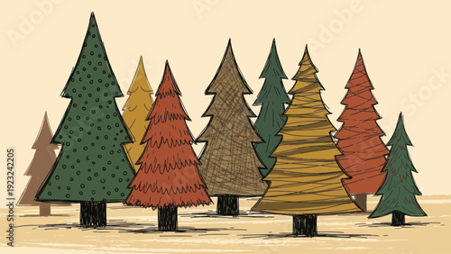 Stylized illustration of a diverse group of evergreen trees in various colors.
