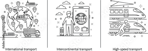 Global logistics and international transport set featuring freight shipping intercontinental travel and high speed bullet train line art vector