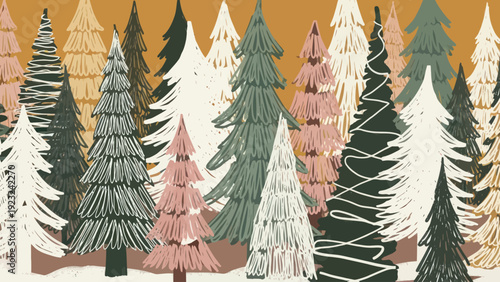 Stylized Christmas Trees in a Winter Forest Illustration.