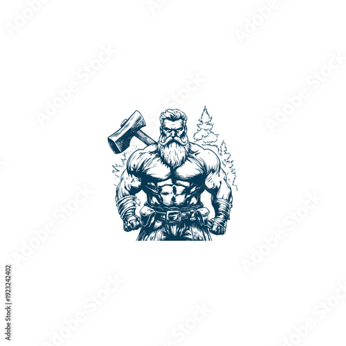 Vintage engraved illustration of a muscular bearded warrior or lumberjack holding a heavy axe, isolated on white background.