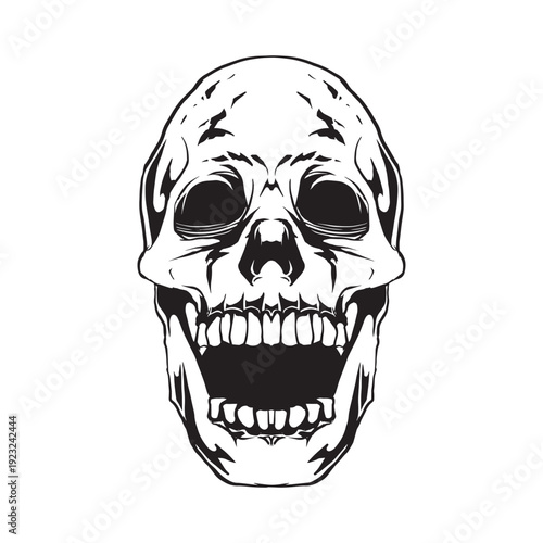 Black and white human skull front view illustration in bold line art style. Detailed anatomy drawing isolated on light background, perfect for tattoo design, t-shirt print, poster, and gothic artwork.