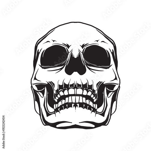 Black and white human skull front view illustration in bold line art style. Detailed anatomy drawing isolated on light background, perfect for tattoo design, t-shirt print, poster, and gothic artwork.