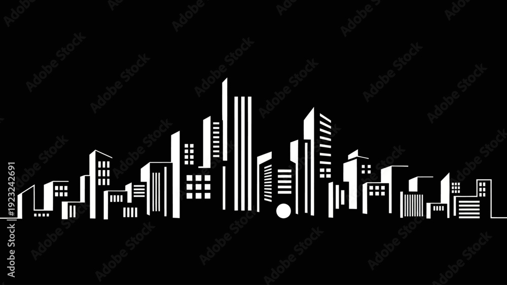 Fototapeta premium White Silhouette of a City Skyline Against a Black Background.