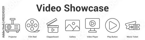 Video Showcase web banner icon set vector illustration concept for business with icon of Projector, Film Reel, Clapperboard, Gallery, Video Player, Play Butt.