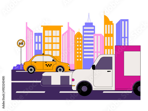Traffic in a busy city with urban views filled with tall buildings. Traffic illustration. Flat vector illustration.
