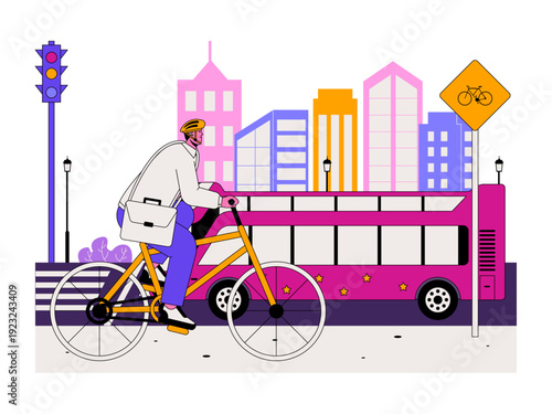 A cyclist commuting in an urban environment. Traffic illustration. Flat vector illustration.