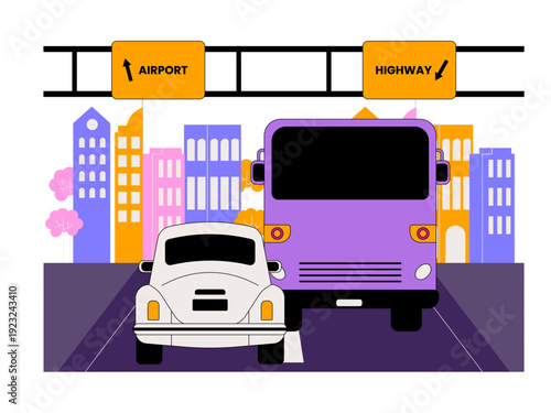City traffic view with transportation on the road. Traffic illustration. Flat vector illustration.
