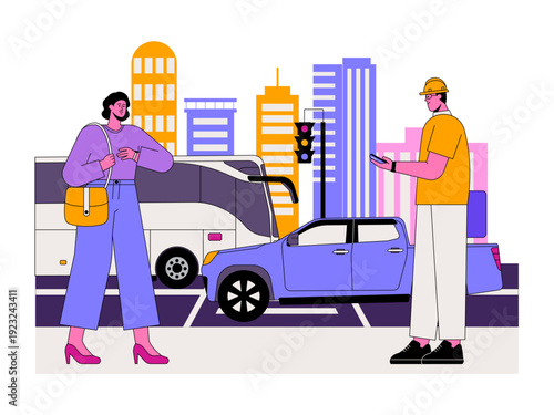 A city street scene with commuters or workers passing each other on the sidewalk. Traffic illustration. Flat vector illustration.