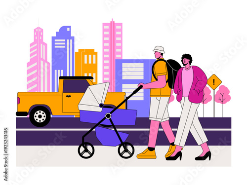 A young family walking together with a baby in a stroller. Traffic illustration. Flat vector illustration.