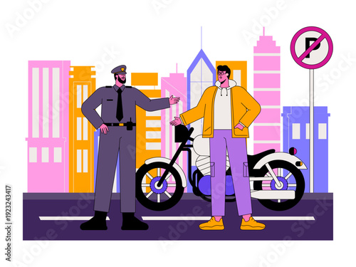 A man was warned by police for a parking violation based on a "No Parking" sign on a street corner. Traffic illustration. Flat vector illustration.