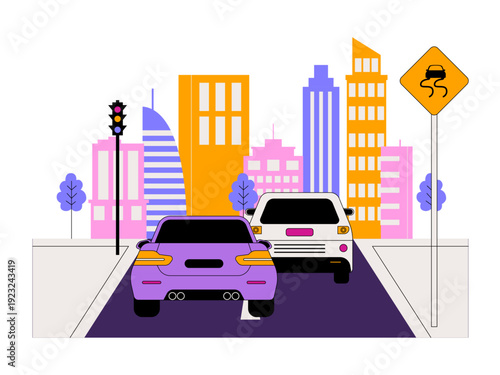 City view with several vehicles, skyscrapers and highway with traffic. Traffic illustration. Flat vector illustration.