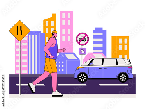 A jogger in a city setting is approaching a marked pedestrian crossing area. Traffic illustration. Flat vector illustration.