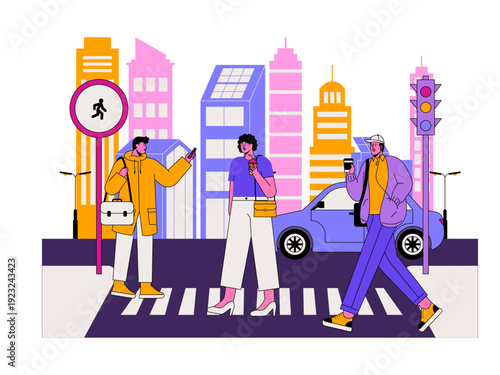 A bustling city street scene with pedestrians crossing a road at a pedestrian crosswalk. Traffic illustration. Flat vector illustration.
