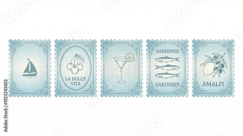 Set of Five Retro Postage Stamps Arranged Horizontally for Vintage Appeal