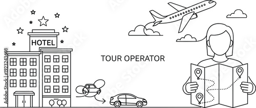 Tour operator services concept illustration with travel agent holding map airplane hotel and car rental in line art