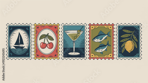 Five Horizontal Vintage Postage Stamps with Decorative Borders and Scalloped Edges