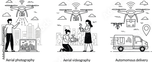 Aerial photography videography and autonomous delivery drone technology concept set with quadcopters city skyline and delivery van vector illustration