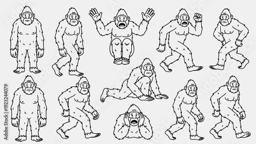 Dynamic sasquatch vector character outline set. Bigfoot ape monster jumping crawling running walking poses. Line art sketch wildlife drawing coloring page book illustration.