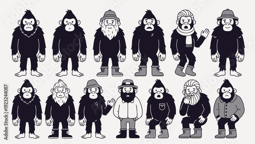 Hipster sasquatch vector character mascot set. Bigfoot wearing clothes jacket hat scarf lumberjack outfit. Ape gorilla monster retro vintage flat black and white illustration.