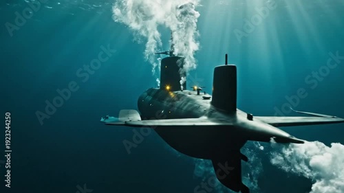 Modern military submarine ascending from deep blue ocean depths releasing large plumes of white exhaust gas toward bright sunlit surface water