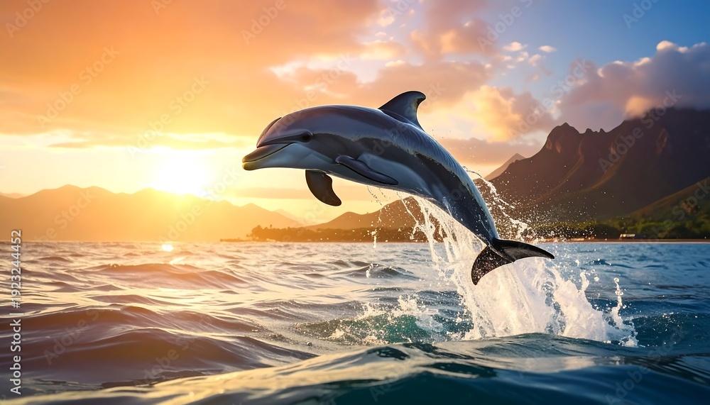 Fototapeta premium A dolphin jumps out of the water with a mountain range
