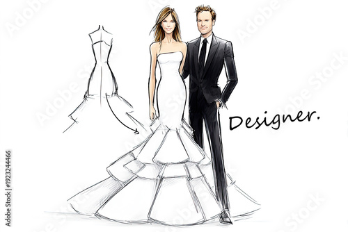 Fashion sketch of a bride in a layered wedding gown and a groom in a classic black suit, highlighting elegant design and style on white background.