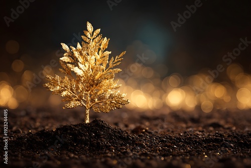 A small golden tree growing out of rich dark soil with beautiful golden bokeh background for wealth and prosperity concept