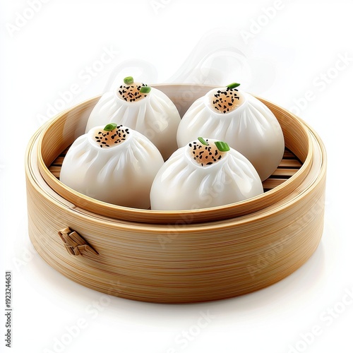 Delicate Steamed Buns in Bamboo Steamer on White Background