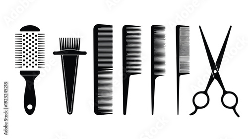 Black Hairdressing Tools Collection On White Background Keywords: hairdressing, tools