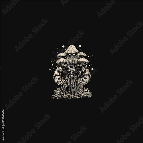 Mysterious forest elder mushroom creature with glowing eyes, intricate dark art engraving style on black background