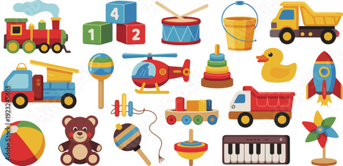 A collection of colorful children's toys arranged on a white background.