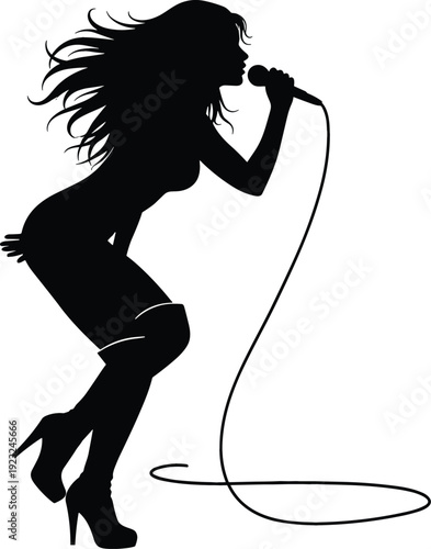 Beautiful female singer silhouette performing with microphone and long flowing hair on white background vector illustration
