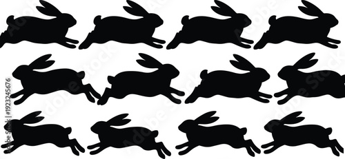 Rabbit silhouettes in leaping motion, repeated animal pattern illustration, wildlife icon collection, dynamic vector design elements
