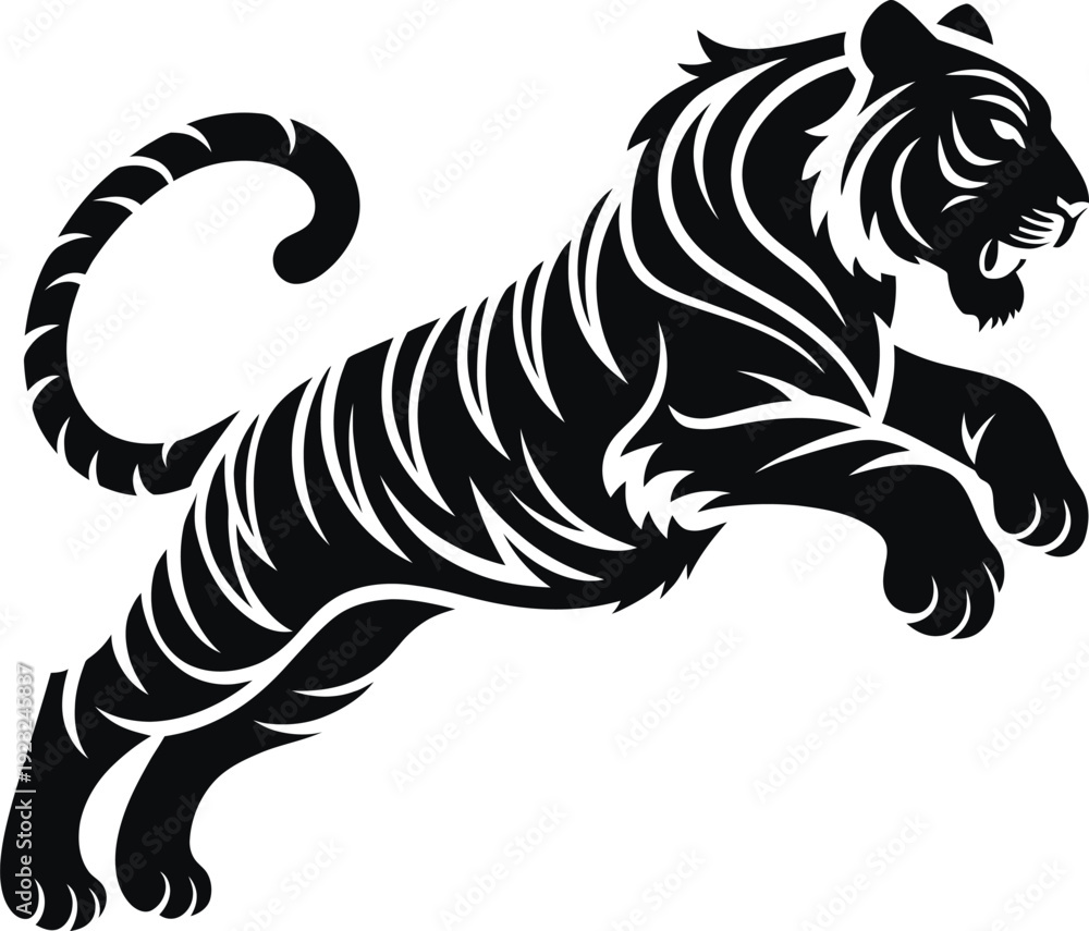 custom made wallpaper toronto digitalDynamic jumping tiger mascot vector logo in bold black and white style. Aggressive wild animal illustration perfect for sports teams, esports branding, martial arts clubs and powerful corporate identi