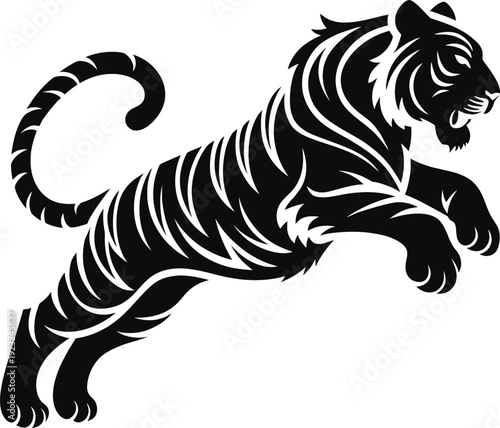 Wallpaper Mural Dynamic jumping tiger mascot vector logo in bold black and white style. Aggressive wild animal illustration perfect for sports teams, esports branding, martial arts clubs and powerful corporate identi Torontodigital.ca