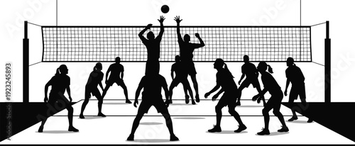 Action silhouette of male and female players competing in a volleyball match with net and ball on court
