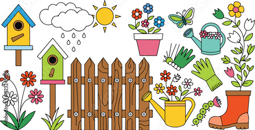 A colorful cartoon illustration of a garden scene with a wooden brown picket fence in the center.