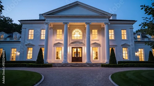 Majestic and grand white mansion with impressive classical architecture, featuring prominent columns and illuminated windows, creating a warm, inviting glow at dusk, representing luxury real estate an