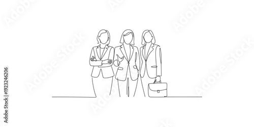 Three successful businesswomen standing together in professional attire line art illustration