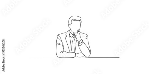 Minimalist sketch of a businessman in a suit sitting at a desk with his hand on his chin.