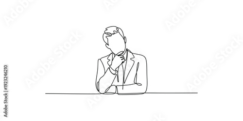 Minimalist line art illustration of a pensive businessman sitting at a desk and thinking