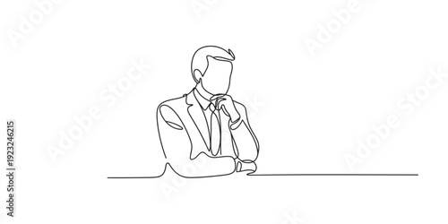 Minimalist continuous line art of a businessman in a suit sitting at his desk and thinking deeply.