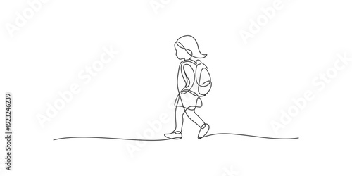 Simple continuous line art illustration of a small schoolgirl walking with a backpack