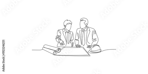 Line drawing illustration of two professional architects reviewing blueprints on a table
