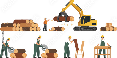 A flat, 2D illustration of a lumber industry process showing multiple stages of woodwork