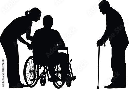 Disabled man in wheelchair with female caregiver and senior man with walking stick black silhouette vector illustration