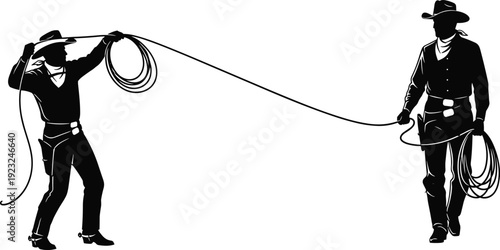 Cowboy silhouette vector illustration, lasso swinging western rodeo scene with traditional attire hats boots bandanas design motifs