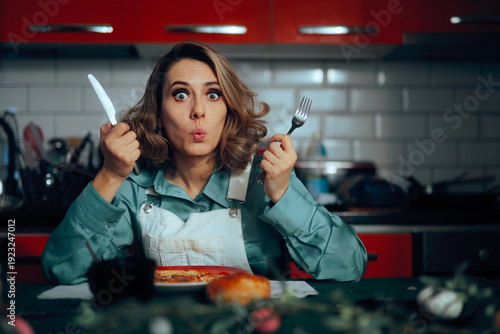 Photography Woman Holding Knife and Fork and Can Not Wait to Eat Omelet