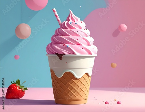 Delicious Strawberry Swirl Soft Serve Ice Cream Cone with Pink and Blue Background.